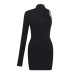 Standing collar single shoulder sleeve hollow slim fit wrap buttocks solid color dress