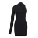 Standing collar single shoulder sleeve hollow slim fit wrap buttocks solid color dress