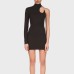Standing collar single shoulder sleeve hollow slim fit wrap buttocks solid color dress