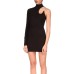 Standing collar single shoulder sleeve hollow slim fit wrap buttocks solid color dress