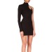 Standing collar single shoulder sleeve hollow slim fit wrap buttocks solid color dress
