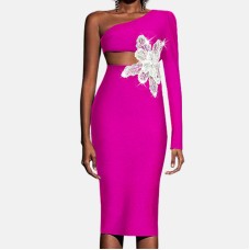 Sexy Diagonal Collar Long Sleeve Beading Flower Long Dress Women Black One Shoulder Waist Cut Out Slim Dress Party Evening Dress Sexy Diagonal Collar Long Sleeve Beading Flower Long Dress Women Black One Shoulder Waist Cut Out Slim Dress Party Evening Dress