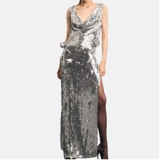 Sexy Sleeveless Sequins 3D Flower High Split Long Dress Women Sliver V-Neck Sequin Flower Design Maxi Dress Elegant Celebrity