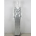 Sexy Sleeveless Sequins 3D Flower High Split Long Dress Women Sliver V-Neck Sequin Flower Design Maxi Dress Elegant Celebrity
