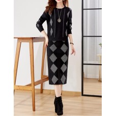 Versatile French style perm sweater with high waist skirt two-piece dress for women