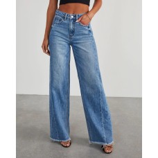 Loose wide leg side seam patchwork with ground hem jeans for women
