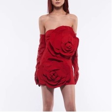 Red strapless skirt three-dimensional flower dress