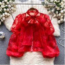 Women's niche western-style tops, French court style, bow tie puff sleeves
