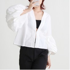 French elegant style solid color cardigan design V-neck puff sleeve straight short coat for women