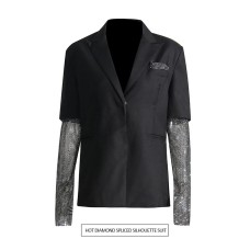 Stitched black mid-length silhouette blazer fashionable temperament jacket for women