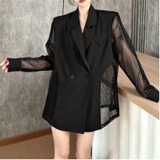 Summer thin spliced suit jacket for women with design slightly see-through long-sleeved mesh suit top for women