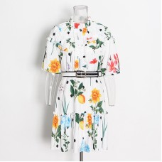 Standing collar short sleeved high waisted slimming waistband dress