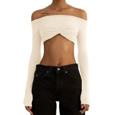 One line neckline perspective wrapped chest short top