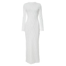 Round necked long sleeved skirt with lace crumple and slim fit in one step skirt