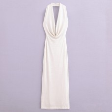 Pleated Decorative Hanging Neck and Waist Wrapped Sexy Dress