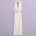 Pleated Decorative Hanging Neck and Waist Wrapped Sexy Dress