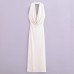 Pleated Decorative Hanging Neck and Waist Wrapped Sexy Dress