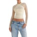 Cross design back zipper with micro transparent mesh exposed waist long sleeved top