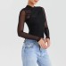 Cross design back zipper with micro transparent mesh exposed waist long sleeved top