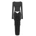 Black long sleeved backless pleated two-piece elastic slim fit casual set