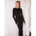 Black long sleeved backless pleated two-piece elastic slim fit casual set