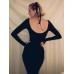 Black long sleeved backless pleated two-piece elastic slim fit casual set