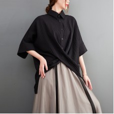 Fashionable vertical pattern tied craft short sleeved shirt for women