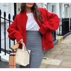 Temperament red loose and versatile woolen baseball jacket