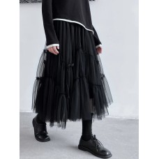 High Elastic Waist Black Irregular Mesh Pleated A-line Half-body Skirt Women Fashion Tide New Spring Autumn 