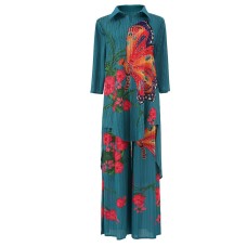 Printed shirt collar long top high waist wide leg straight trousers suit women's fashionable two-piece suit