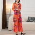 Printed shirt collar long top high waist wide leg straight trousers suit women's fashionable two-piece suit
