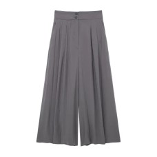 Vertical pleated straight leg high waisted long pants for casual women's pants