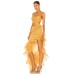 Fashionable wrap chest sexy one line neckline slim fit slit wooden ear edge dress