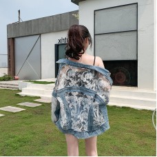 Lace mesh embroidered denim patchwork sun protection clothing for women Lace mesh embroidered denim patchwork sun protection clothing for women