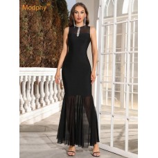 Sleeveless round neck crystal studded diamond mesh patchwork bandage long skirt