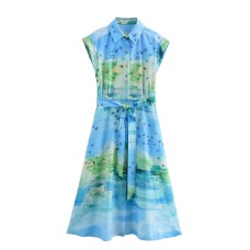 European and American summer new fashionable printed lapel short sleeved belt shirt style dress