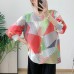Fashionable printed pleated round neck seven quarter sleeve short jacket with pleats