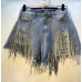 Broken hole high waist rhinestone tassel chain straight leg denim shorts for women