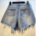 Broken hole high waist rhinestone tassel chain straight leg denim shorts for women