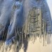 Broken hole high waist rhinestone tassel chain straight leg denim shorts for women