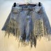 Broken hole high waist rhinestone tassel chain straight leg denim shorts for women