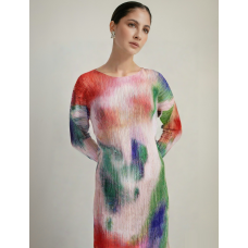 Long sleeved waist cinched oil painting dress round neck fashionable pleated long skirt