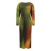 Long sleeved waist cinched oil painting dress round neck fashionable pleated long skirt