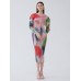 Long sleeved waist cinched oil painting dress round neck fashionable pleated long skirt