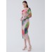 Long sleeved waist cinched oil painting dress round neck fashionable pleated long skirt