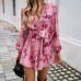 Autumn and winter European and American women's clothing temperament contrasting printed long sleeved high waisted jumpsuit