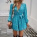 Autumn and winter European and American women's clothing temperament contrasting printed long sleeved high waisted jumpsuit