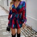 Autumn and winter European and American women's clothing temperament contrasting printed long sleeved high waisted jumpsuit