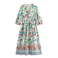Fashionable temperament V-neck long sleeved printed waist cinched long skirt dress for women