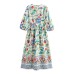 Fashionable temperament V-neck long sleeved printed waist cinched long skirt dress for women